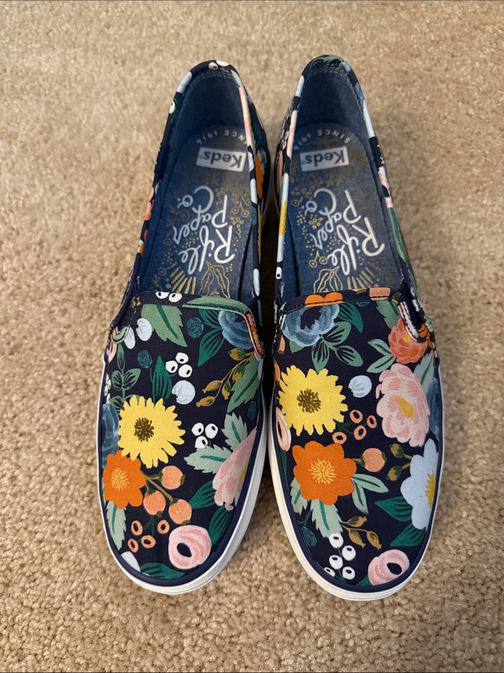 Keds Navy Slip-On Sneakers with Yellow, Orange & Pink Floral Print